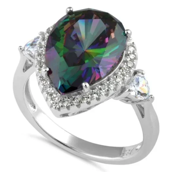 925 Sterling Silver Simulated Mystic Rainbow Topaz CZ Pear Cut Halo Ring - Picture 14 of 16